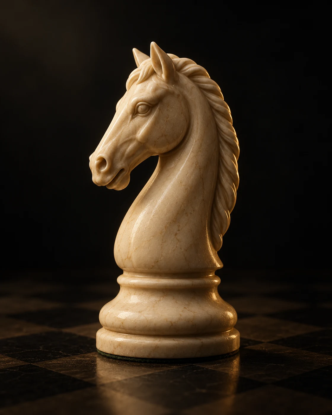 An ivory chess knight in warm light against a dark background.